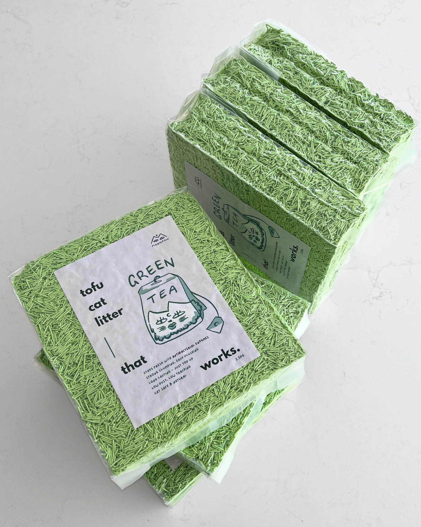 6 bags of green tofu cat litter which look pretty yummy